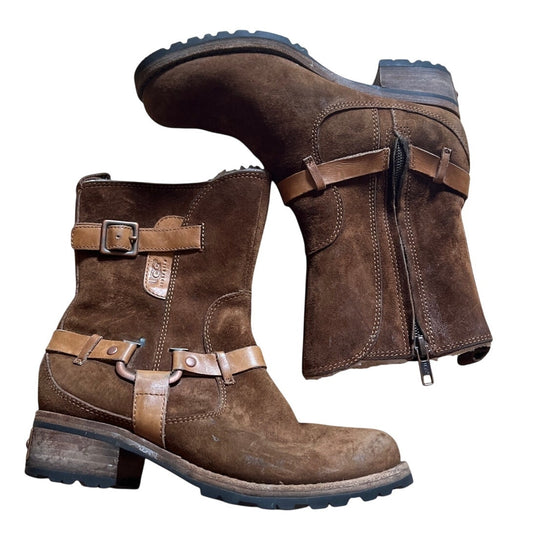UGG Endell Harness Genuine Sheepskin Boots Sz 5 Chestnut Brown Suede