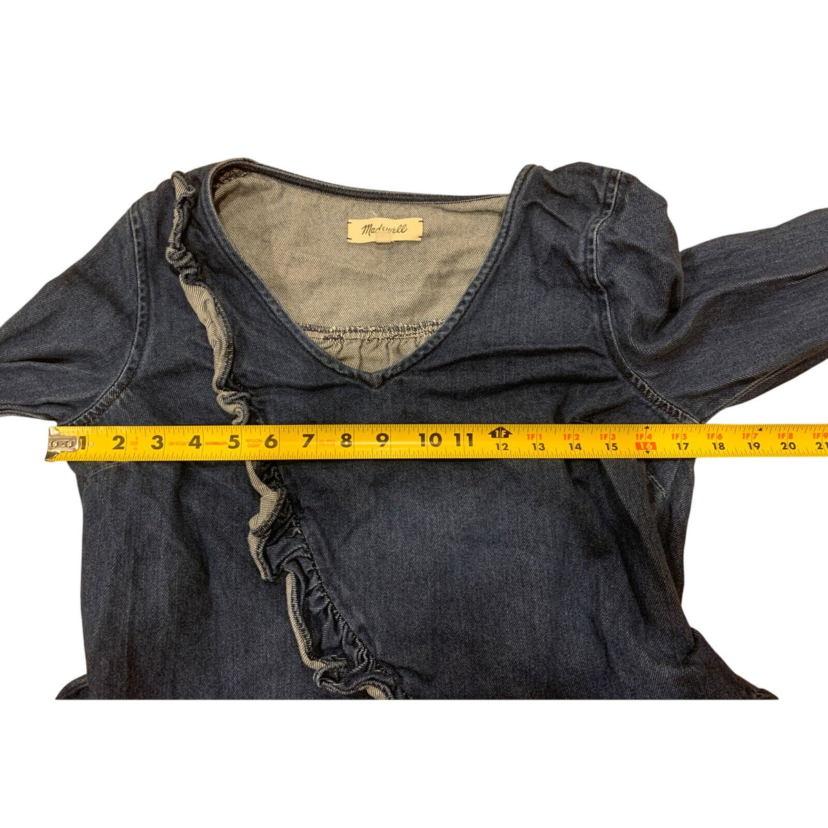 MADEWELL Denim Ruffle Top shirt clare wash $75 BLOGGER FAV SOLD OUT Size S - EUC