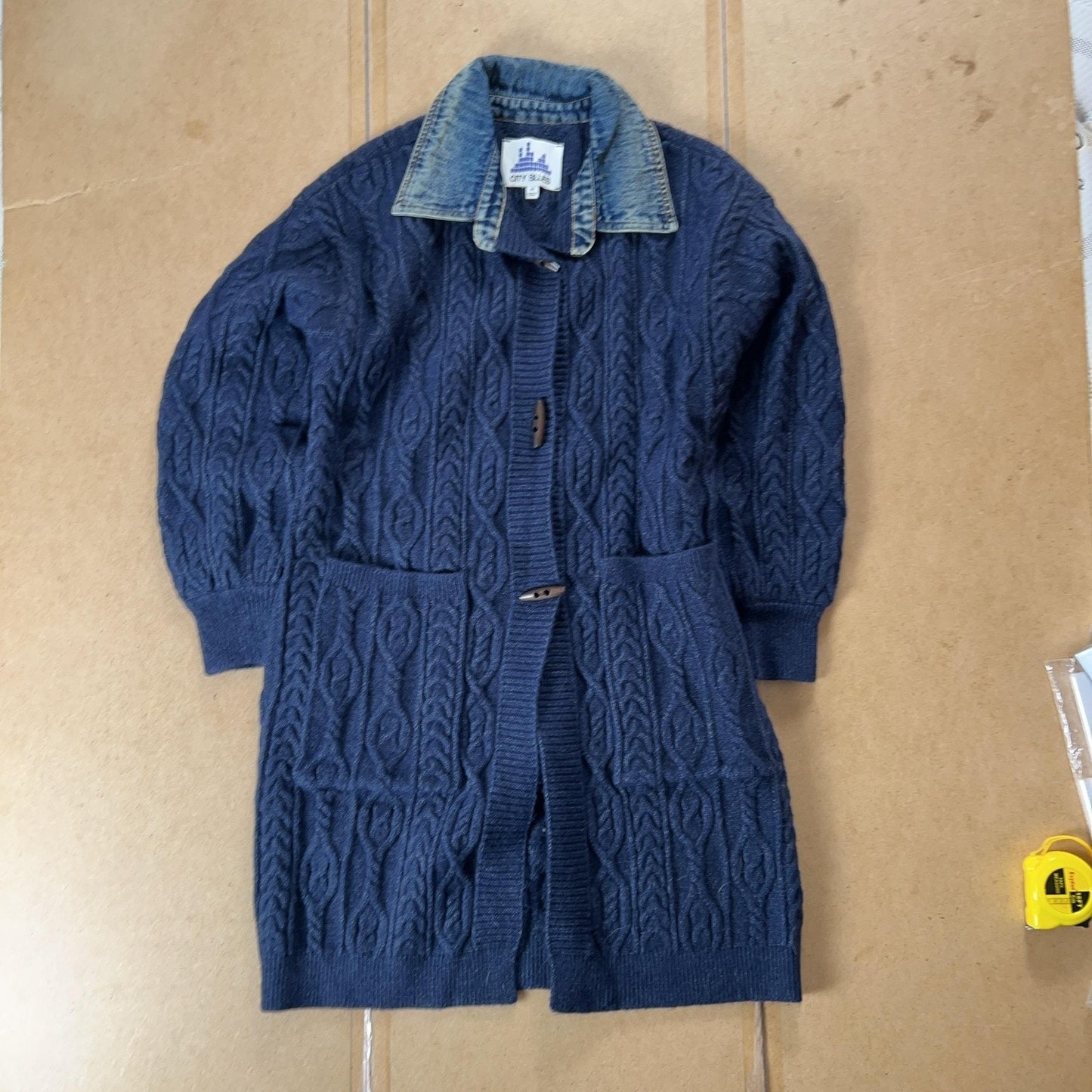 City Blues Cardigan Womens M Blue Cable-Knit Collared Open Pockets Heavyweight