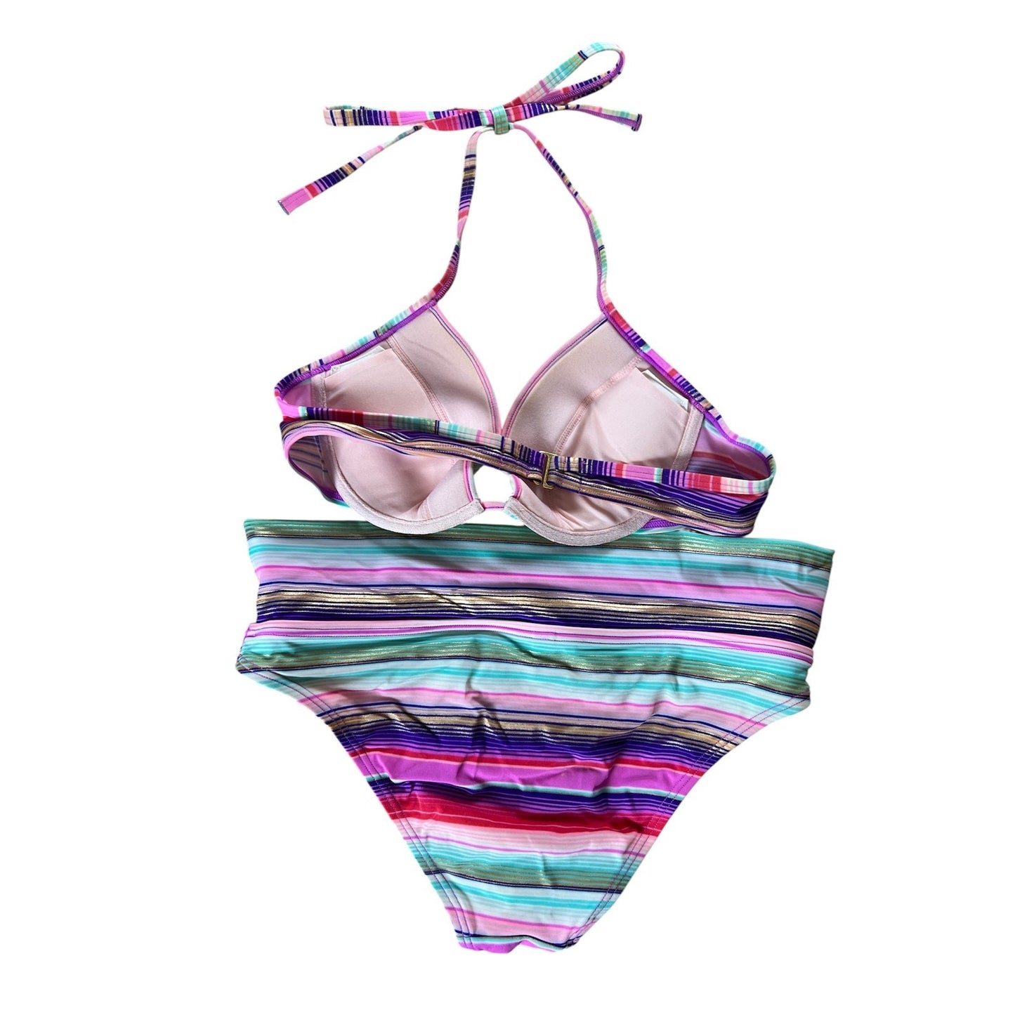Victoria Secret Striped Bikini Swim Top Womens Medium Halter Padded Swimwear