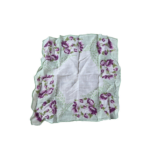 Vintage Handkerchief Unisex One Size White Floral Cotton Lawn Made In USA