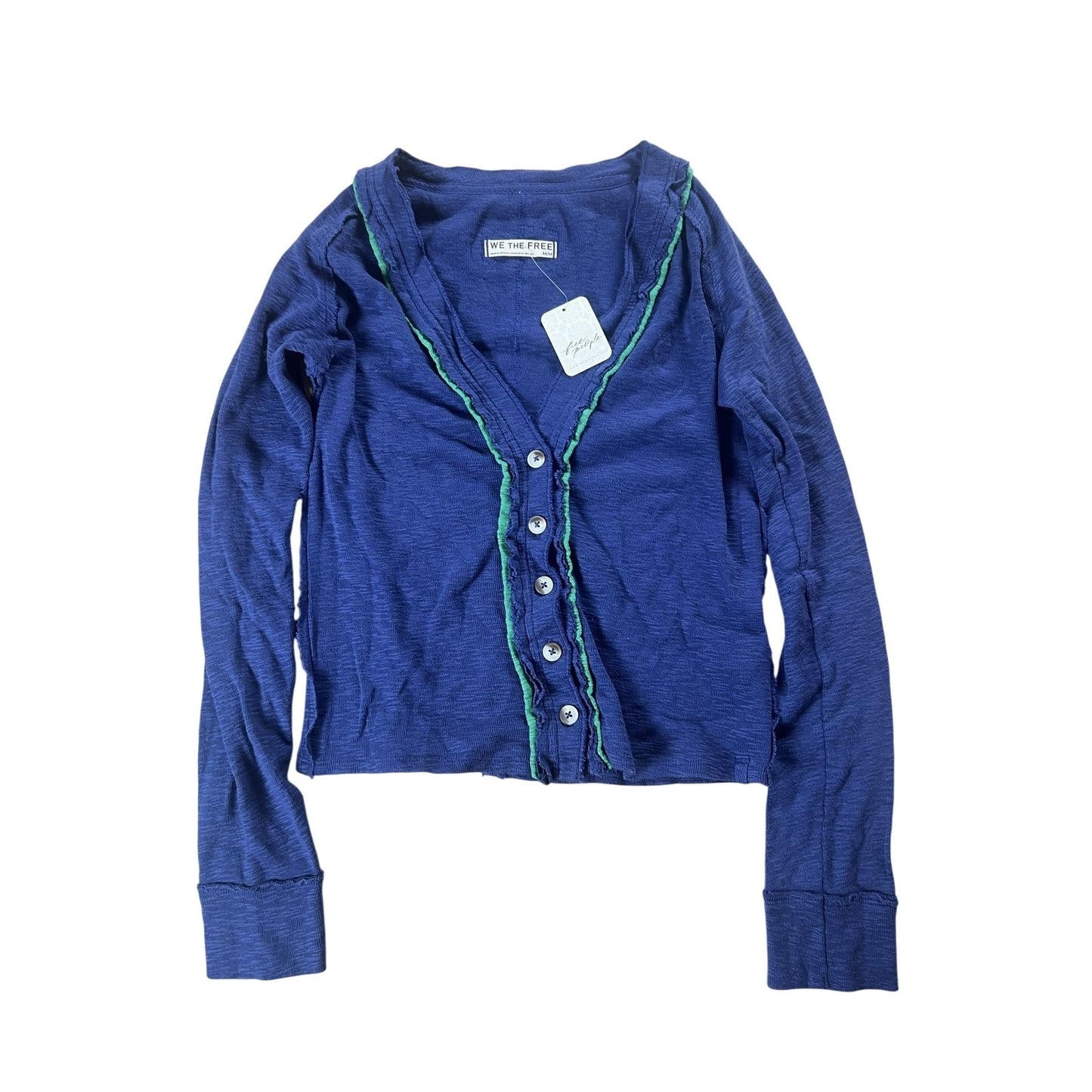 We The Free Button-Up Womens M Blue Cropped V-Neck Ruffle Lightweight Casual