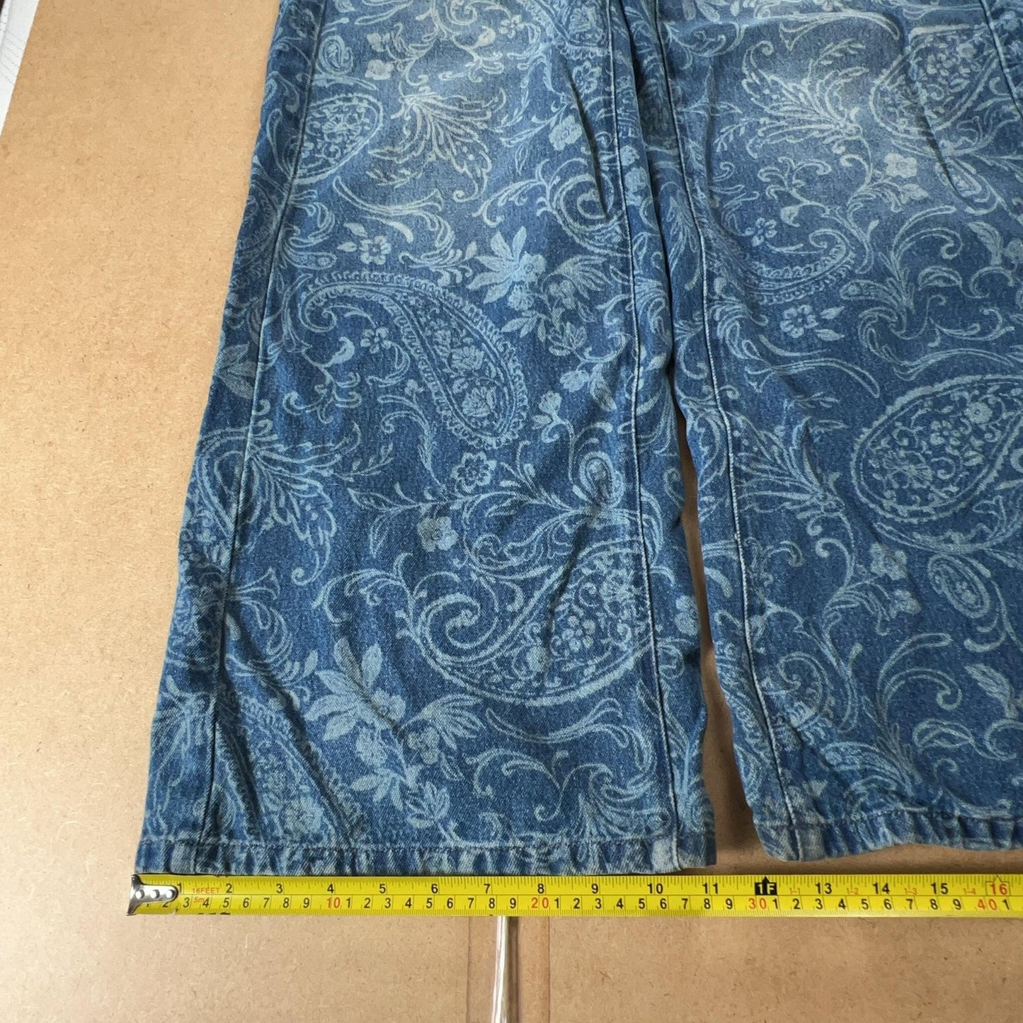 Rebekka Bach Pants Womens L Blue Paisley Denim Ankle Relaxed Pockets Zip Button