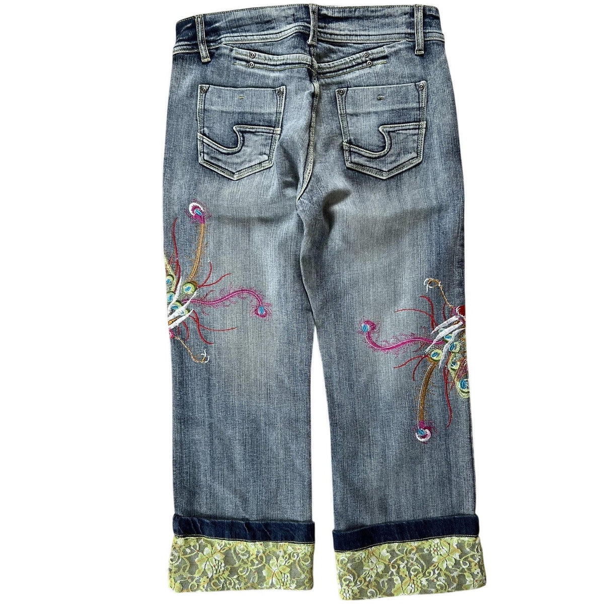 STVLE Pants Womens 6 Blue Cropped Denim Cotton Spandex Embroidered Lace Cuffed