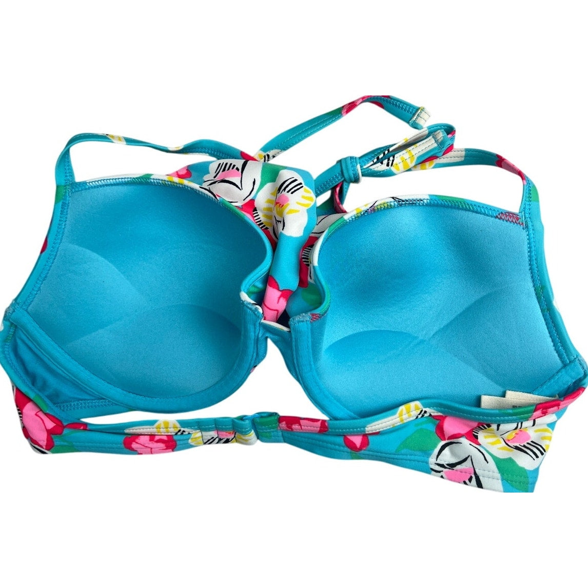 Aerie Floral Blue Pink Ruffled Halter Bikini Top Adjustable 34C