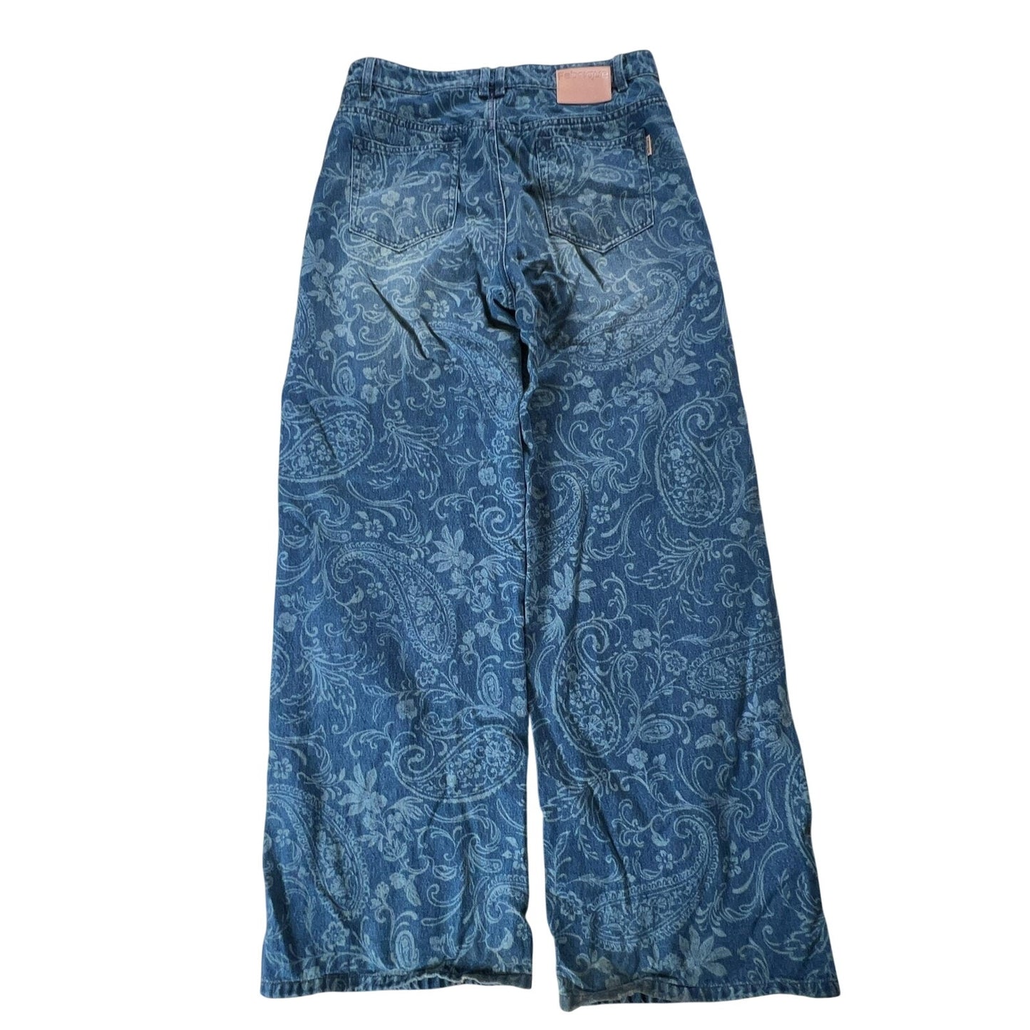 Rebekka Bach Pants Womens L Blue Paisley Denim Ankle Relaxed Pockets Zip Button
