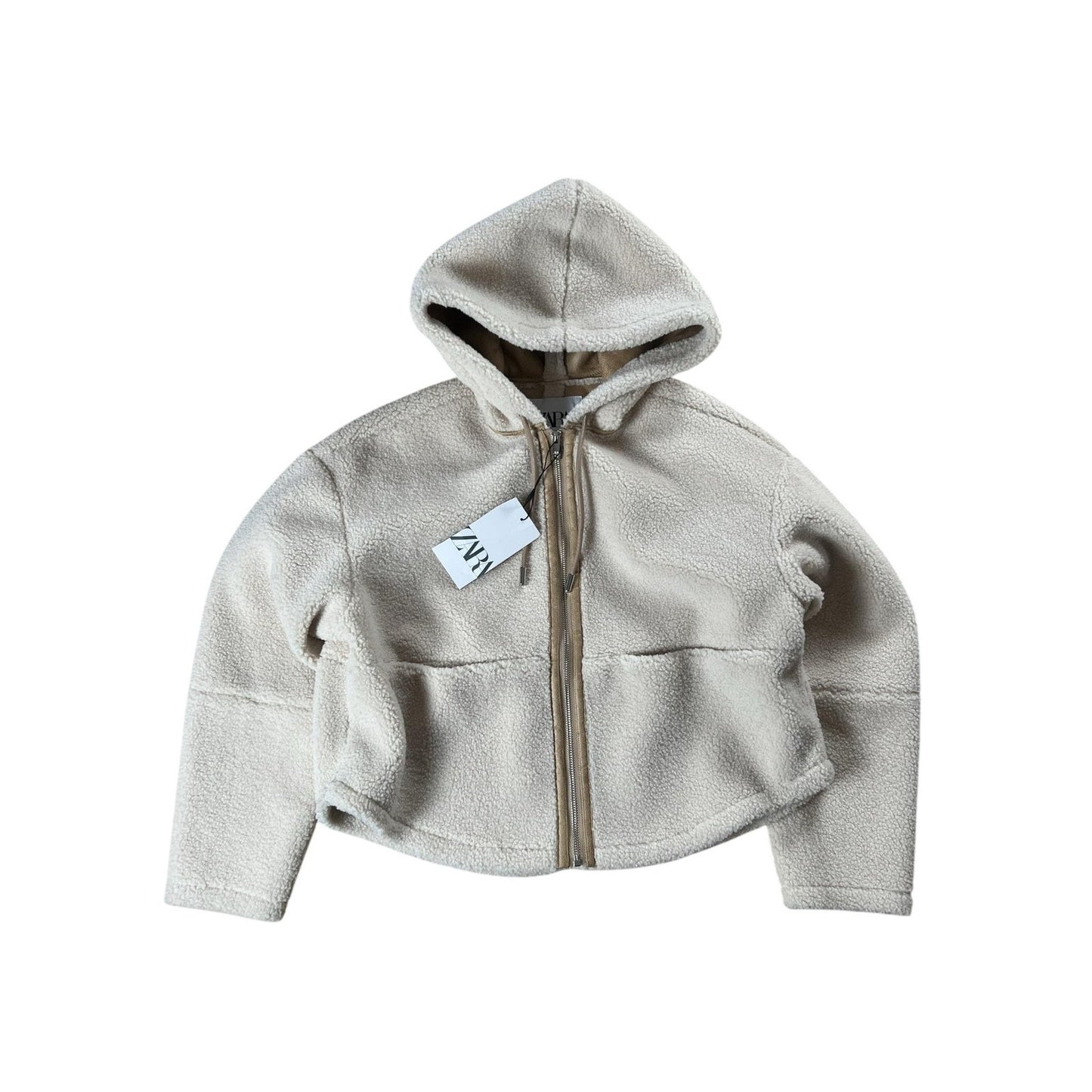 Zara Sweater Womens S White Hooded Full Zip Fleece Heavyweight Pockets