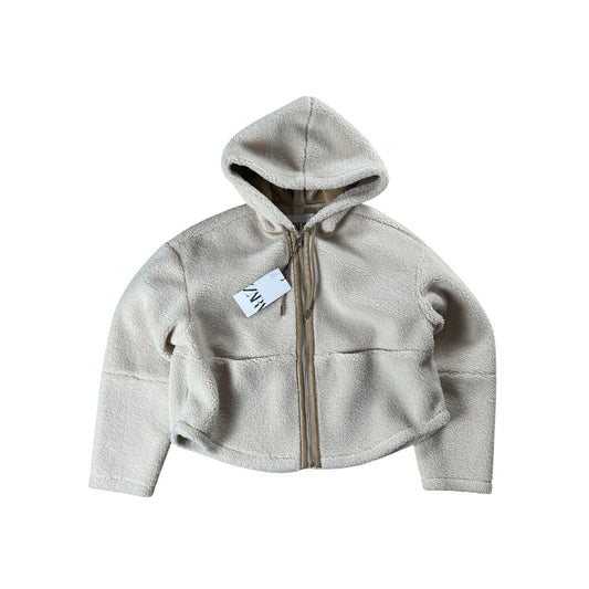Zara Sweater Womens S White Hooded Full Zip Fleece Heavyweight Pockets