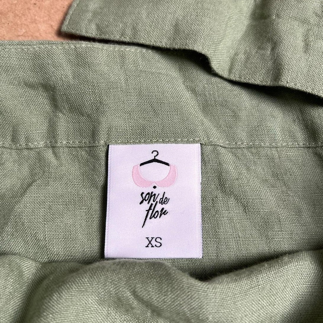 Son de Flor Dress Womens XS Green Linen Sundress Midi Square Neck Button