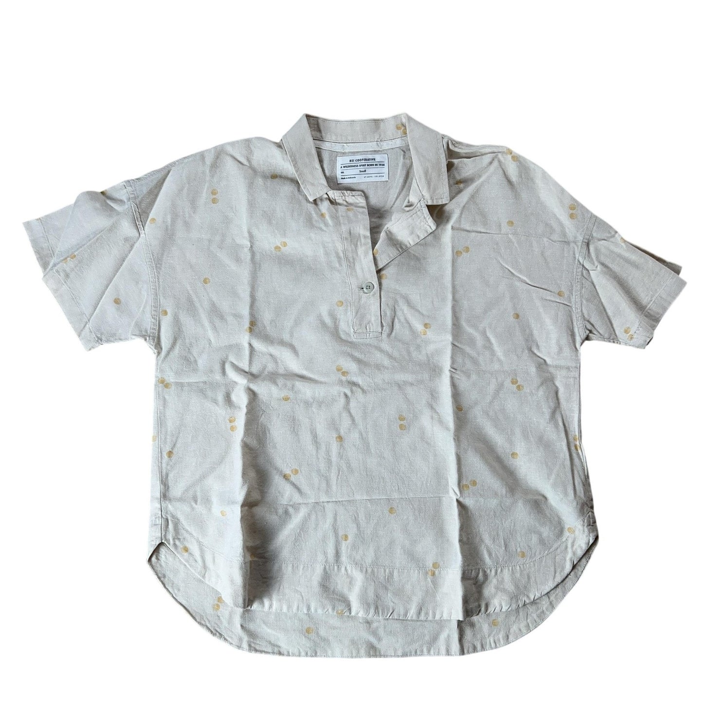 REI Cooperative Polo Unisex S Beige Polka Dot Hemp Cotton Relaxed Casual