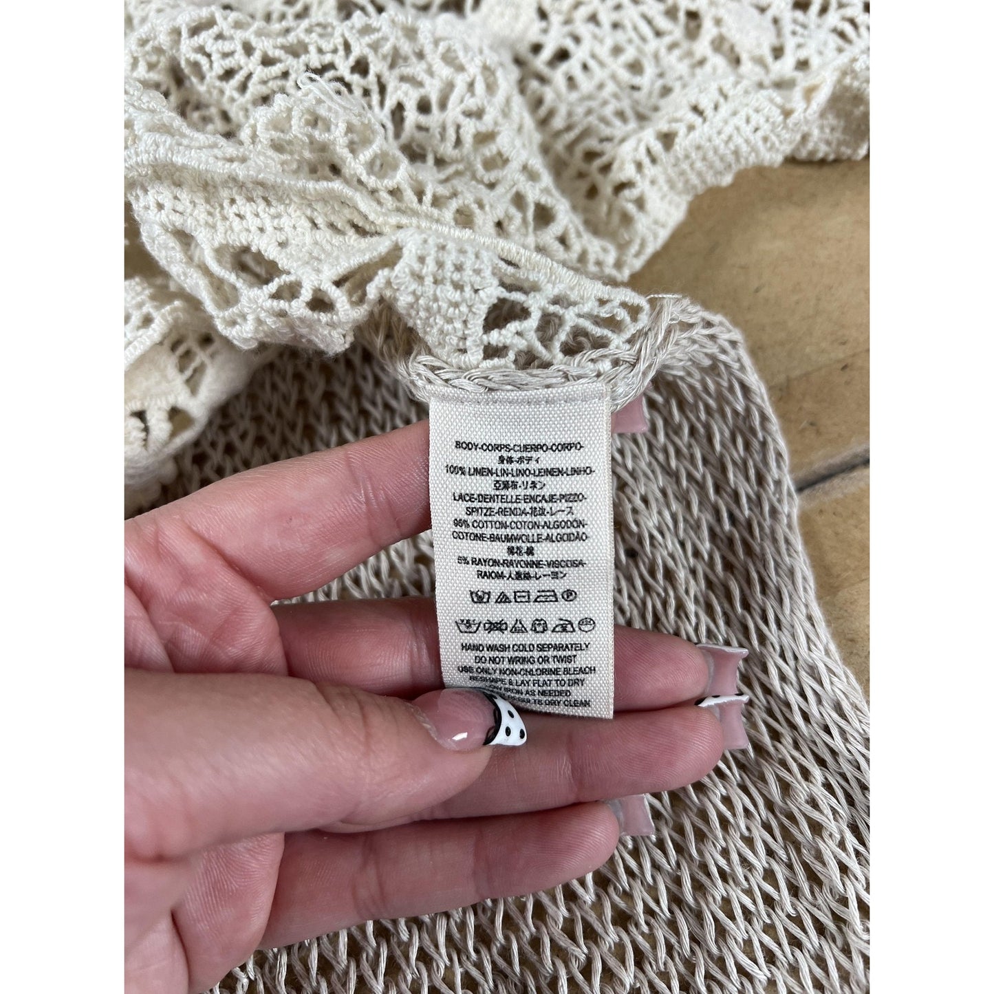TRIP Shirt Womens XS/S Beige Linen Lace Crochet Embellished Summer Beach