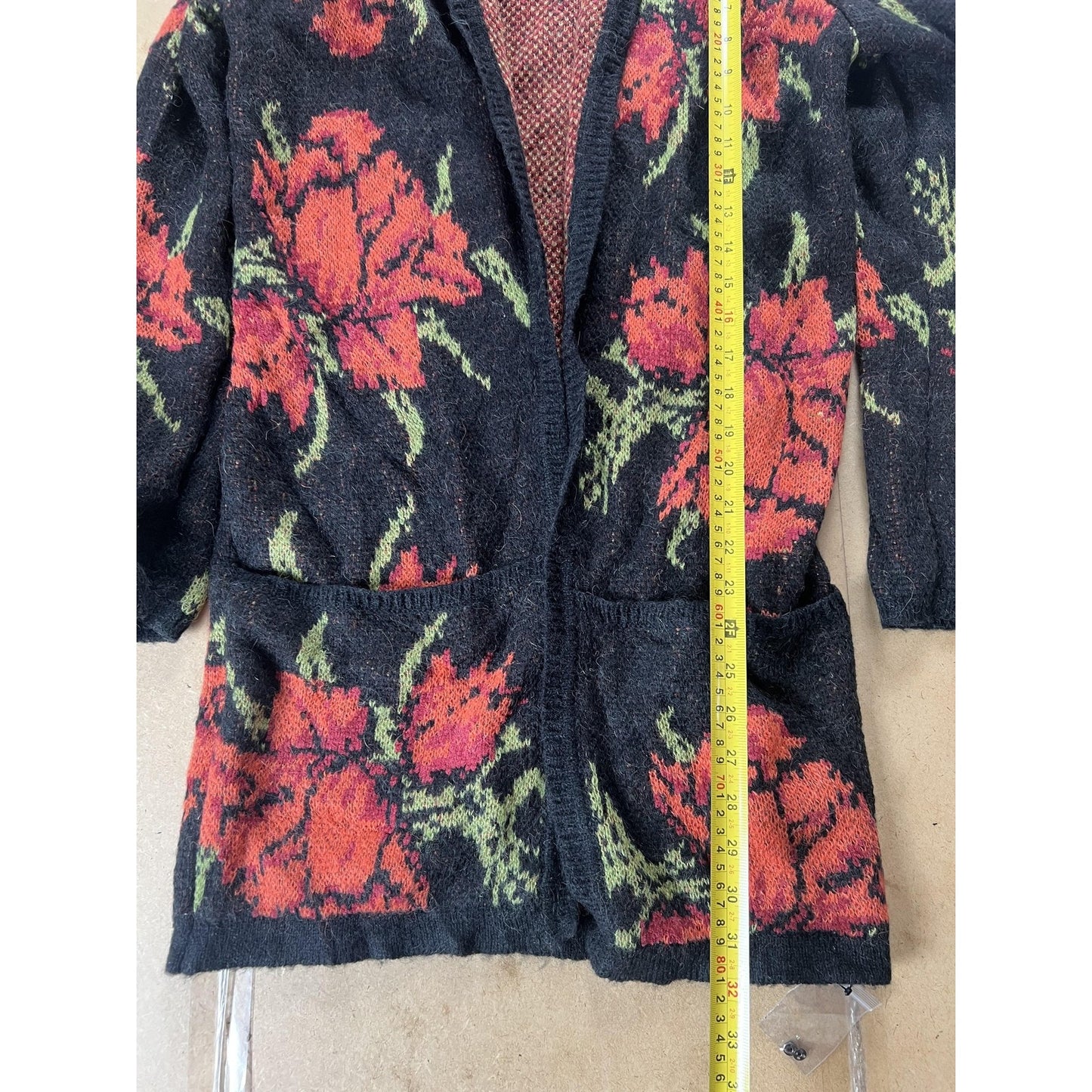 Free People Cardigan Womens S/M Black Open Pockets Oversized Floral Knit Mohair