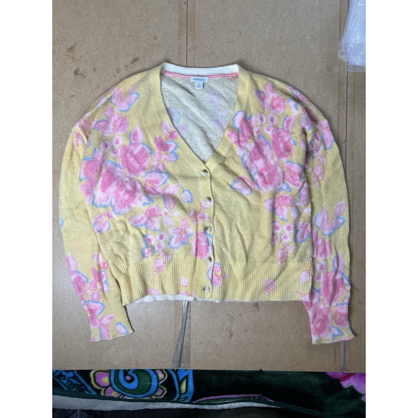 Sundance Sweater Womens Extra Large Vintage Yellow Floral Button Front Knit