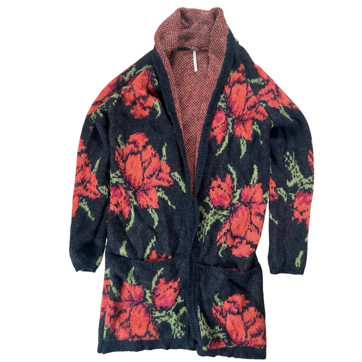 Free People Cardigan Womens S/M Black Open Pockets Oversized Floral Knit Mohair