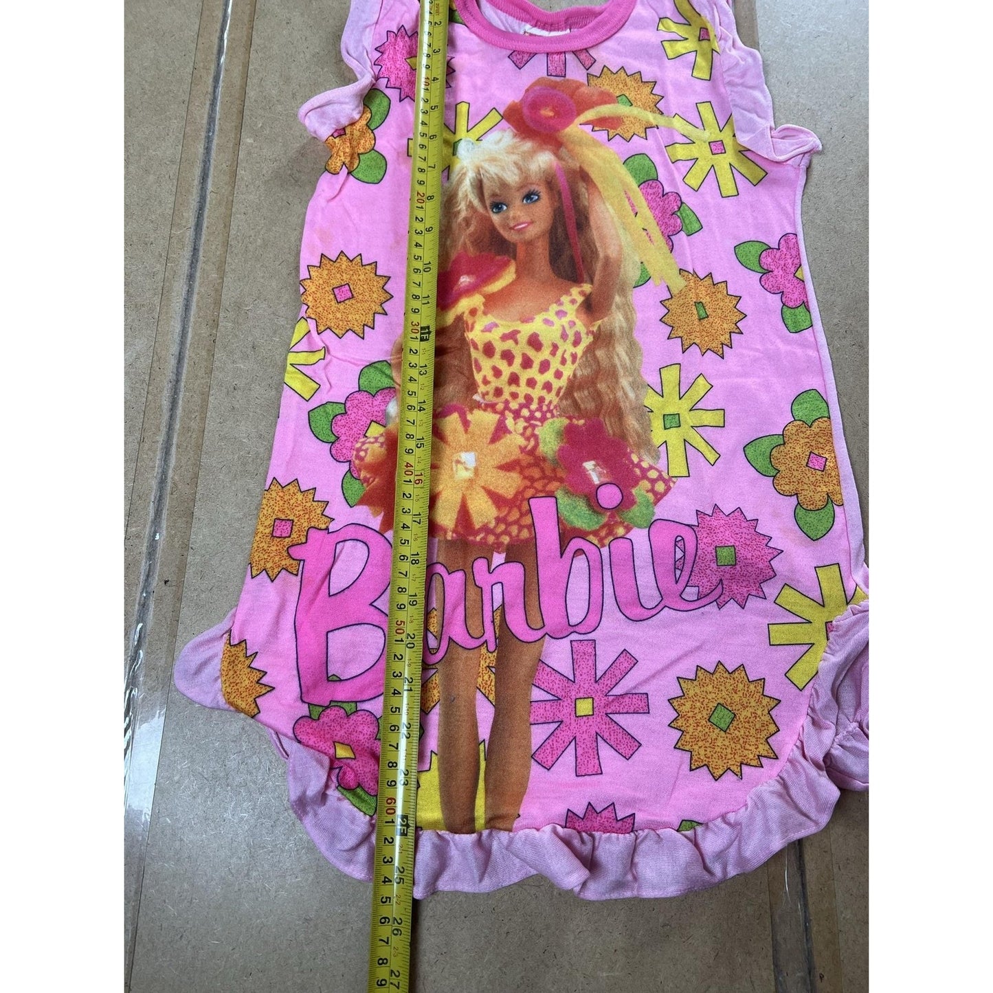 Vintage Barbie Sleepshirt Girls 7-8 Pink Graphic Ruffle Hem Knit USA 90s