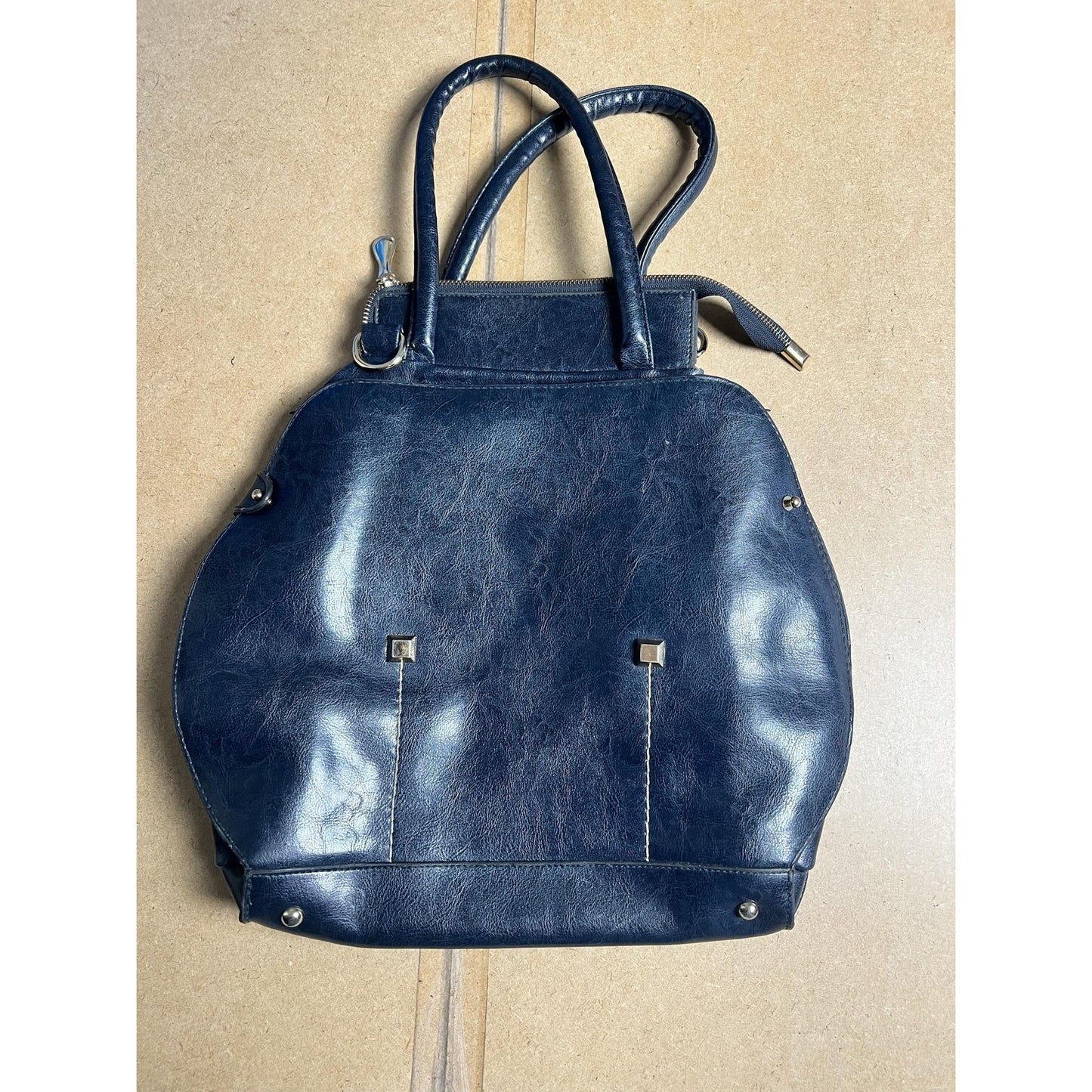 Salvatore Ferragamo Satchel Bag Womens Medium Navy Leather Silver Studs Zip