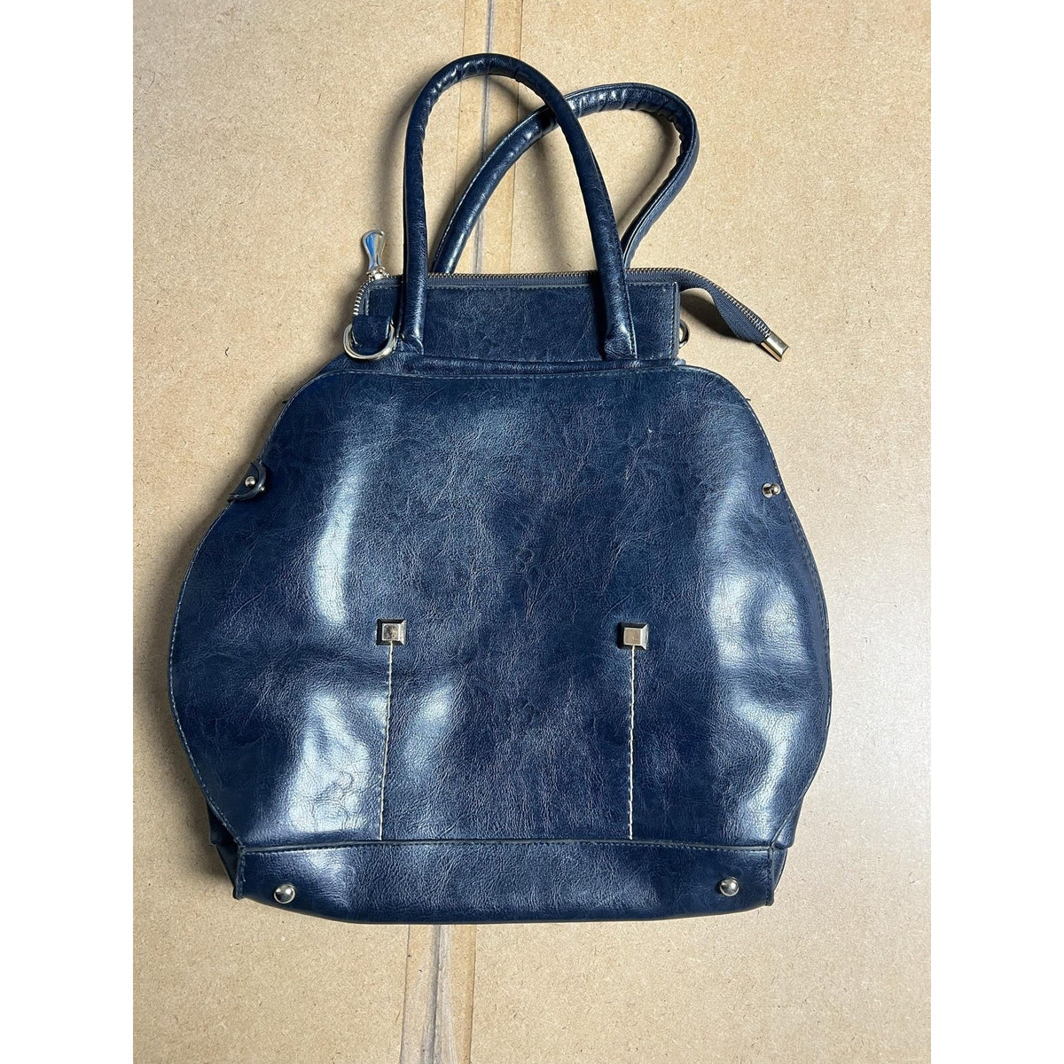 Salvatore Ferragamo Satchel Bag Womens Medium Navy Leather Silver Studs Zip