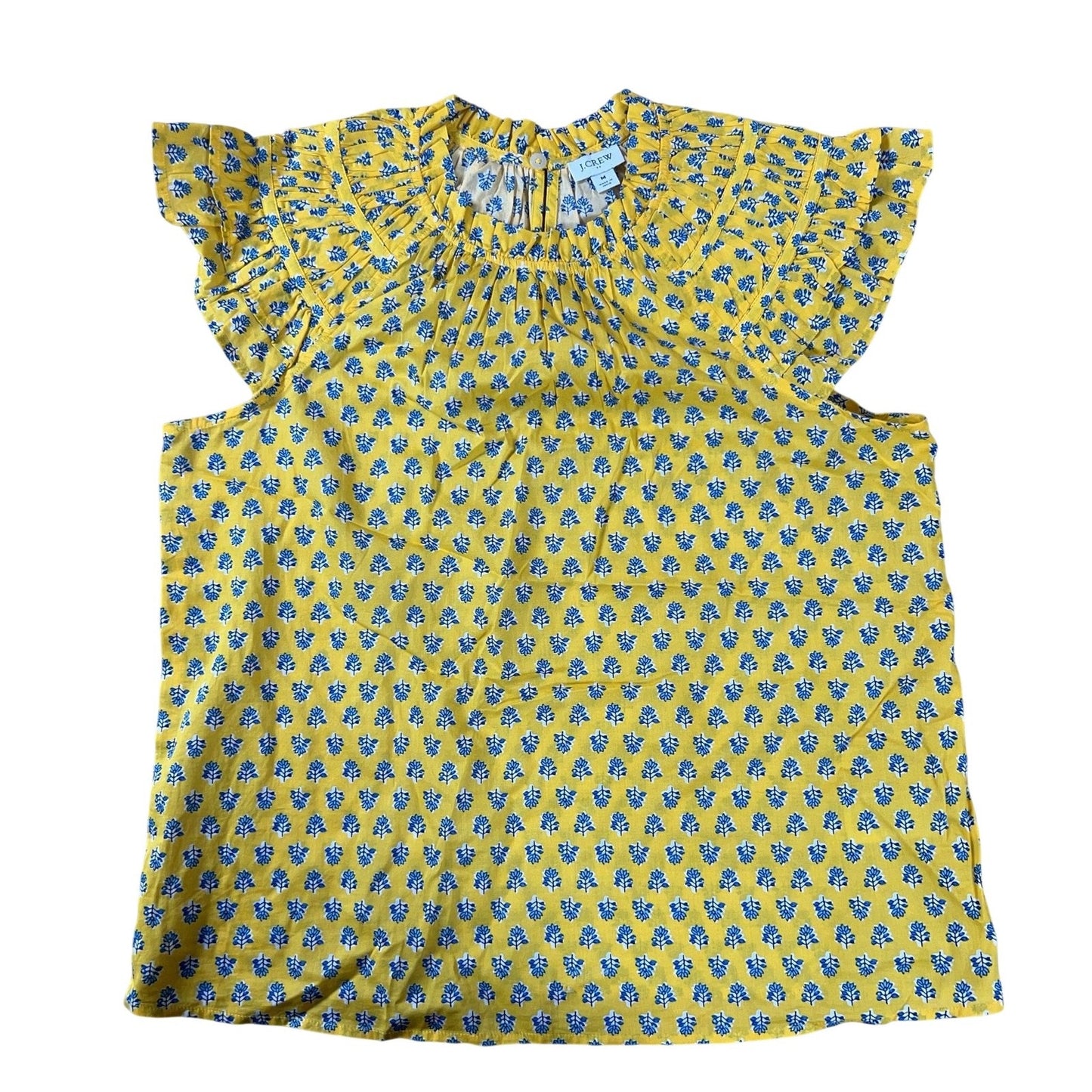 J.CREW Blouse Womens M Yellow Floral Flutter Sleeve Ruffle Button Cotton