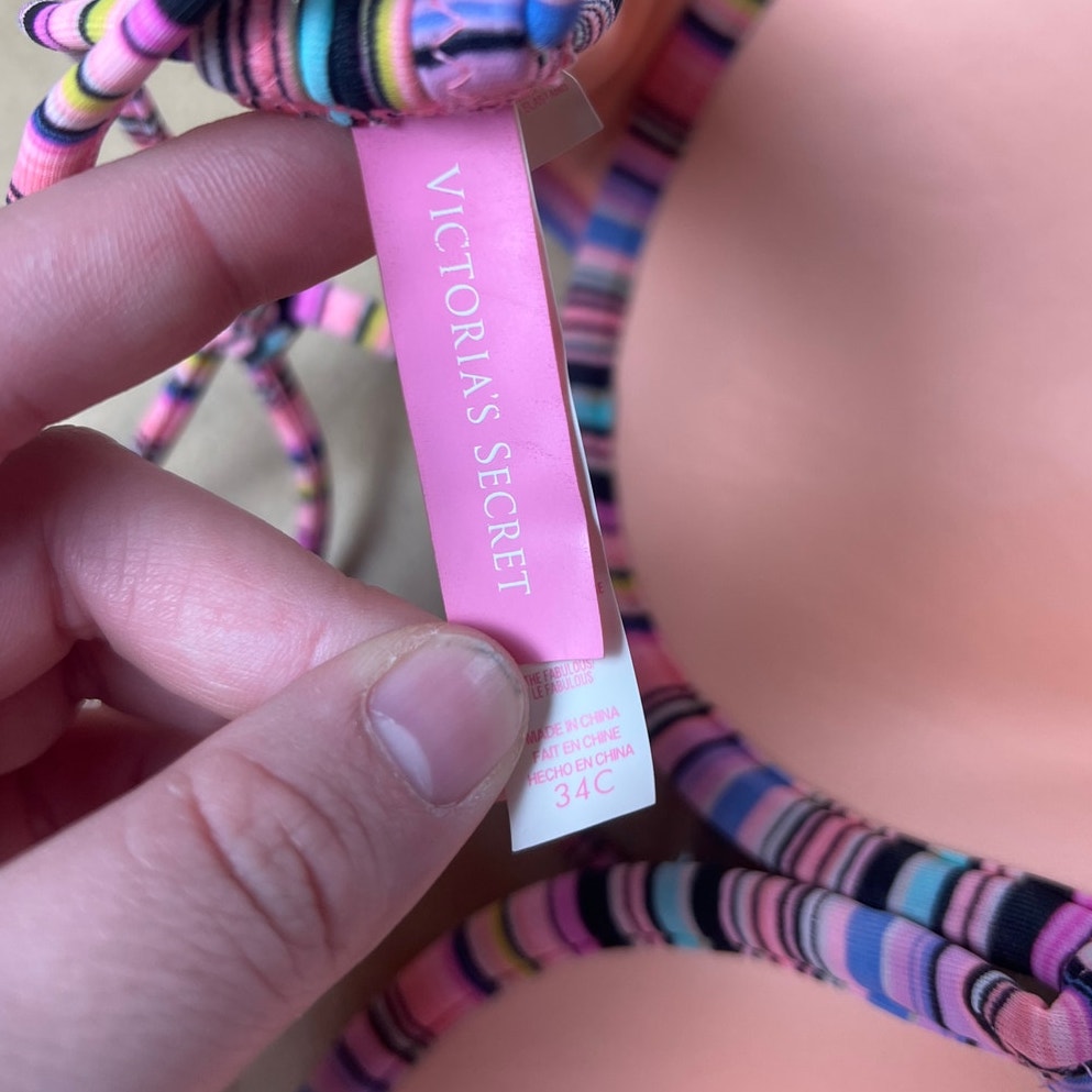 Y2K Victorias Secret 34C Fabulous Bikini Top Padded Striped Pink