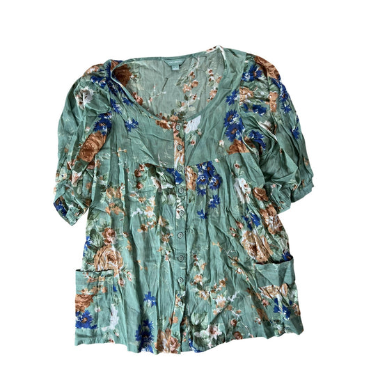 April Cornell Tunic Womens S Green Floral Rayon Scoop Neck Button Pockets