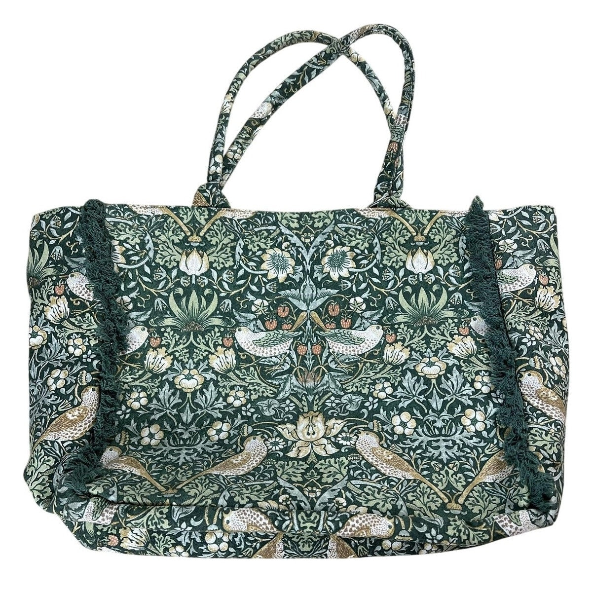 MORRIS & Co Tote Bag Womens Large Green Canvas Lined Strawberry Thief Pattern