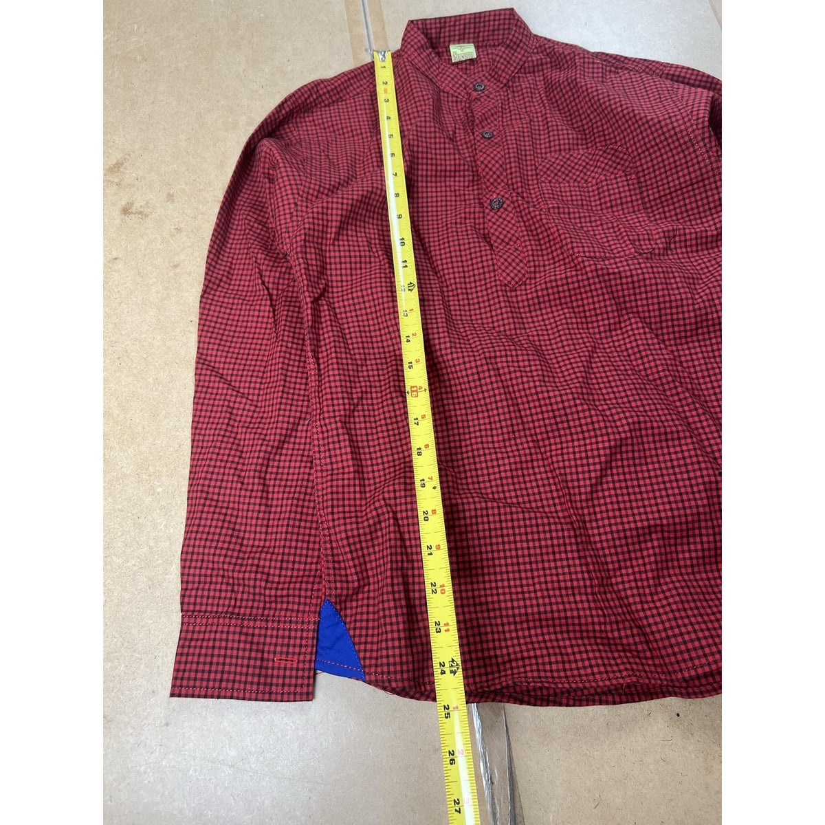 Robinhood Shirt Mens 38 Red Check Flannel Henley Long Sleeve Pockets Button
