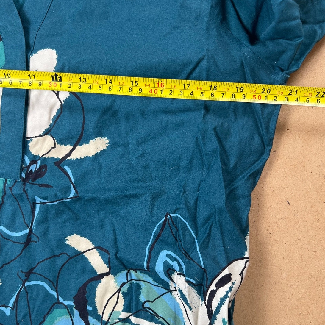 Chicos Size 15 No Iron Stretch Tunic Teal Green Floral Mandarin Long Sleeve