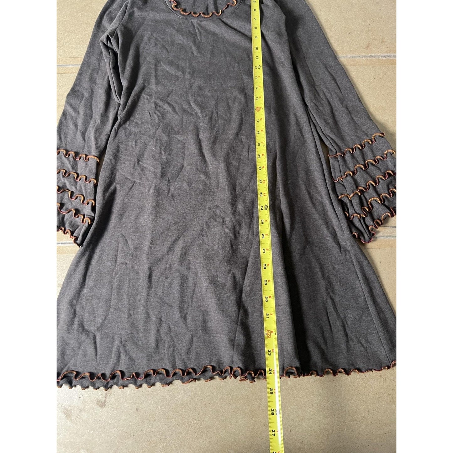 LAURA HLAVAC Dress Womens L Brown Trapeze & Swing Bell Sleeve Scoop Neck Ruffle