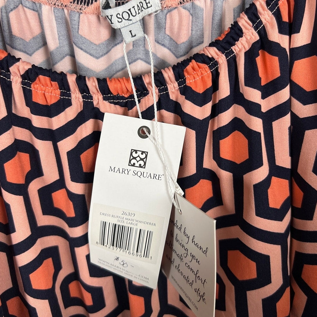 Mary Square NWT Size Large Women Long Orange Dress super stretch geo print
