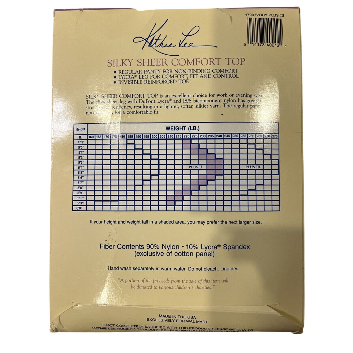 Kathie Lee Comfort Top Lycra Pantyhose Silky Leg Sandalfoot Plus Sz III Ivory