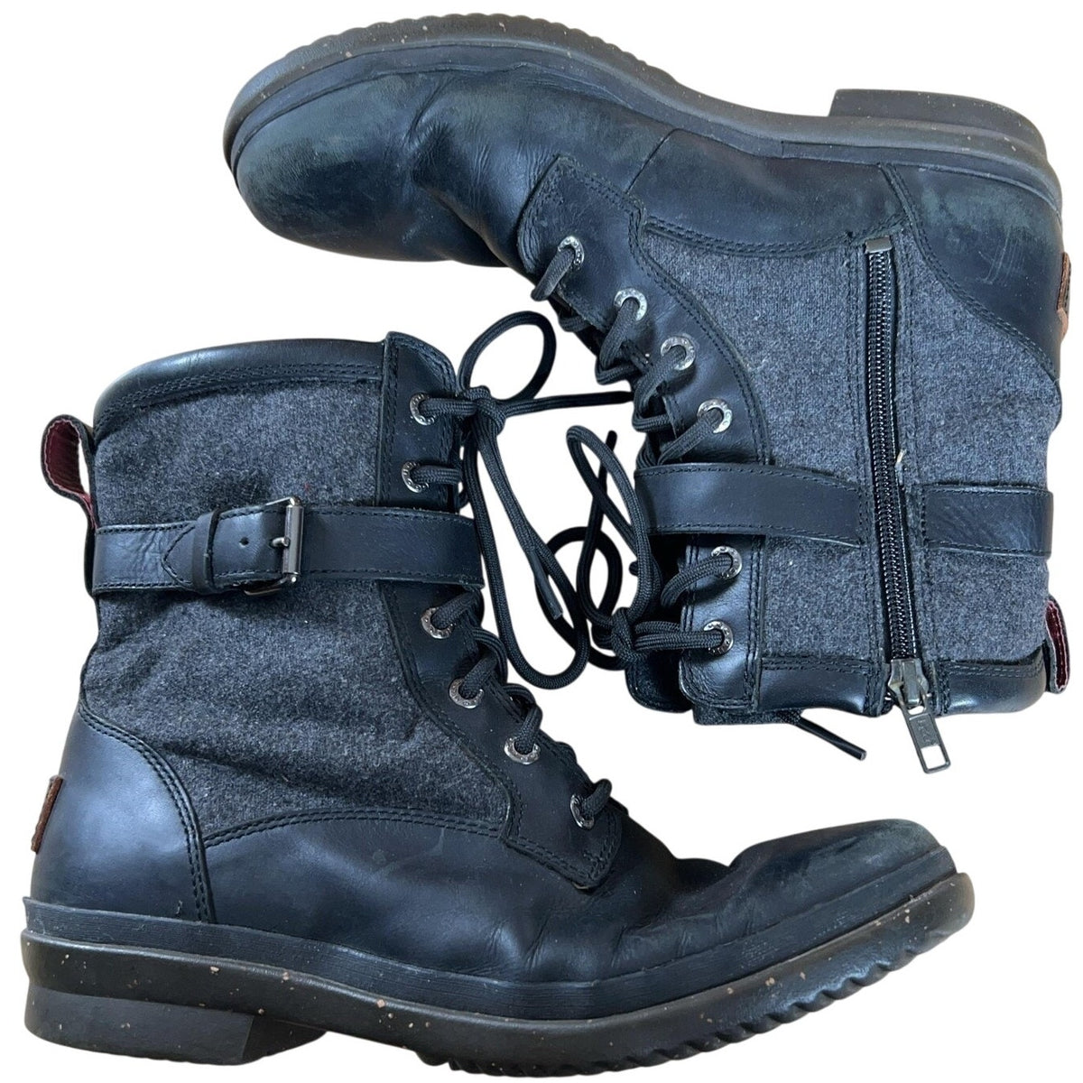 UGG Boot Womens Size 8.5 Black Leather Combat Wool Lined Zip Lace Up 1005264