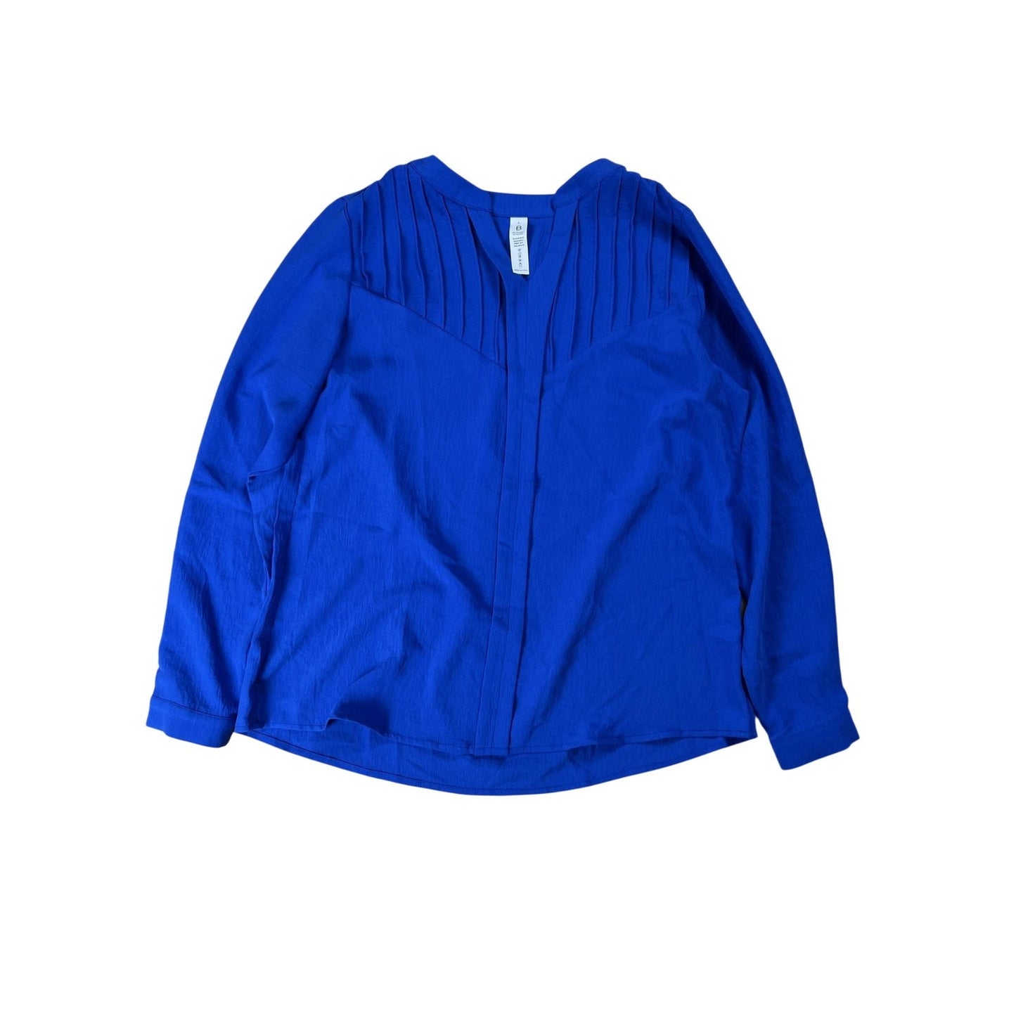 Blouse Womens L Blue V-Neck Long Sleeve Pleated Button Polyester Spandex