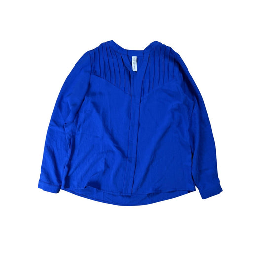 Blouse Womens L Blue V-Neck Long Sleeve Pleated Button Polyester Spandex