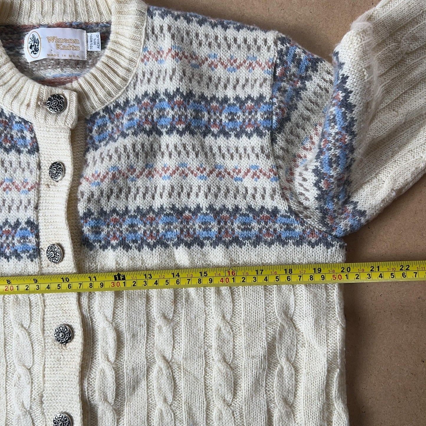 Winona Knits Cardigan Womens L White Cable-Knit Fair Isle Button USA Heavyweight