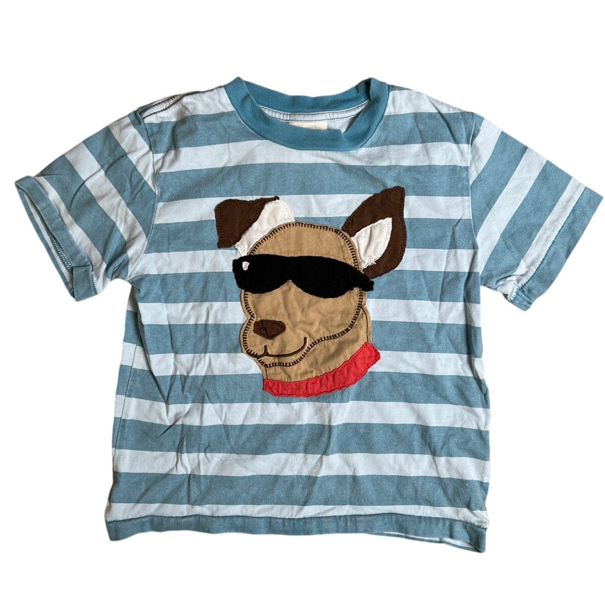 Mini Boden 5-6Y Boy Stripped Blue/White Dog Graphic  T-Shirt