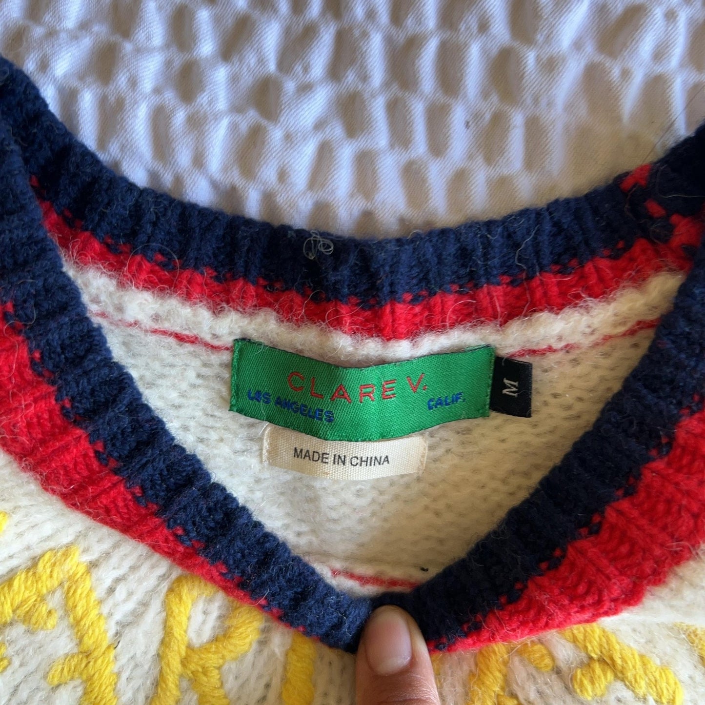 CLARE V. Sweater Womens M White Mohair Fair Isle Embroidered Chunky-Knit