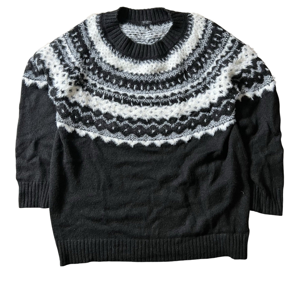 Talbots Sweater Womens 1X Black Fair Isle Open-Knit Glitter Crew Neck Pullover