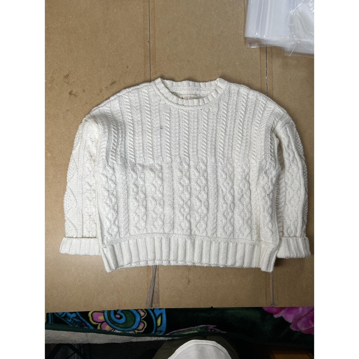 Lucky Brand Sweater Mens XL White Cable Knit Crew Neck Heavyweight Casual