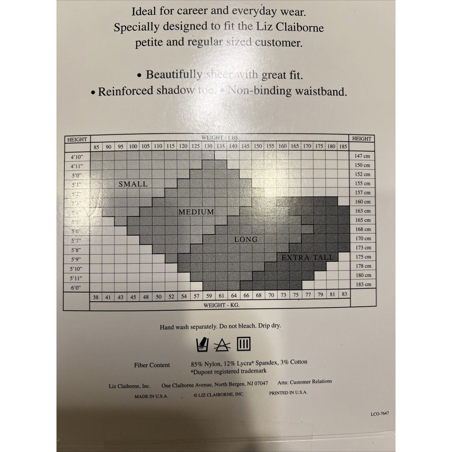 Liz Claiborne Sheer Pantyhose Size LONG Color Flax Style 7647