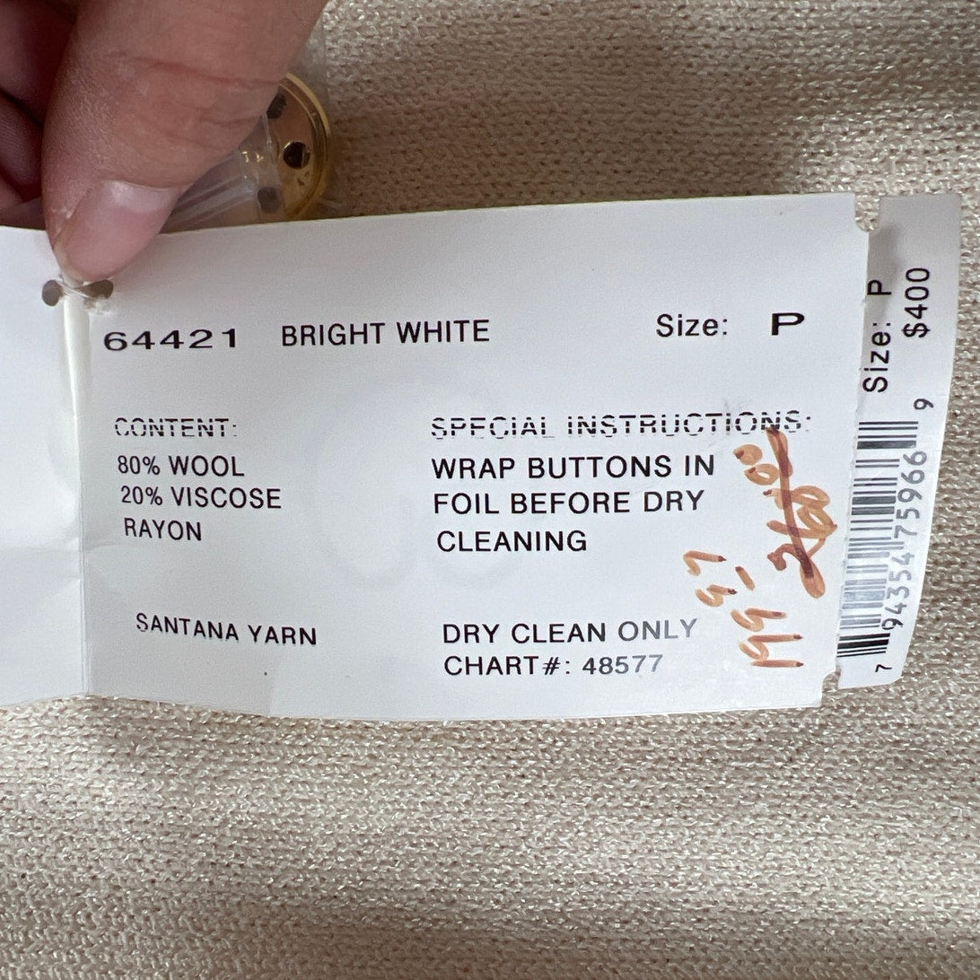 NWT St.John Women's Cardigan Skirt Set 10 Solid White Brass Buttons Santana Knit