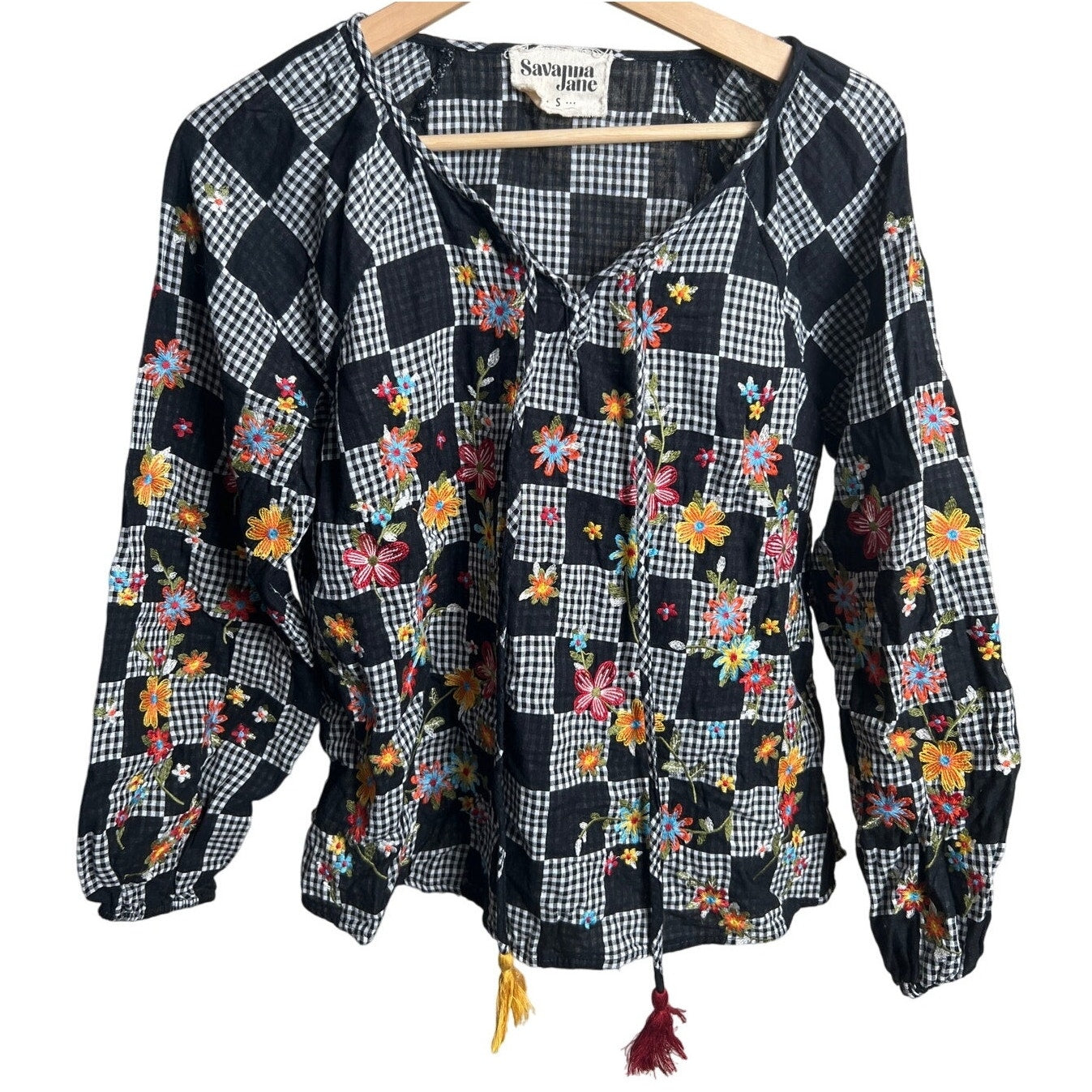 Savannah Jane Small Plaid Embroidered Boho Top