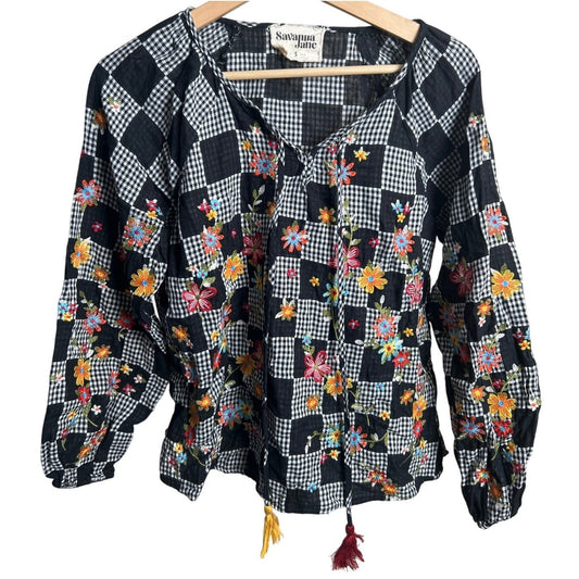 Savannah Jane Small Plaid Embroidered Boho Top