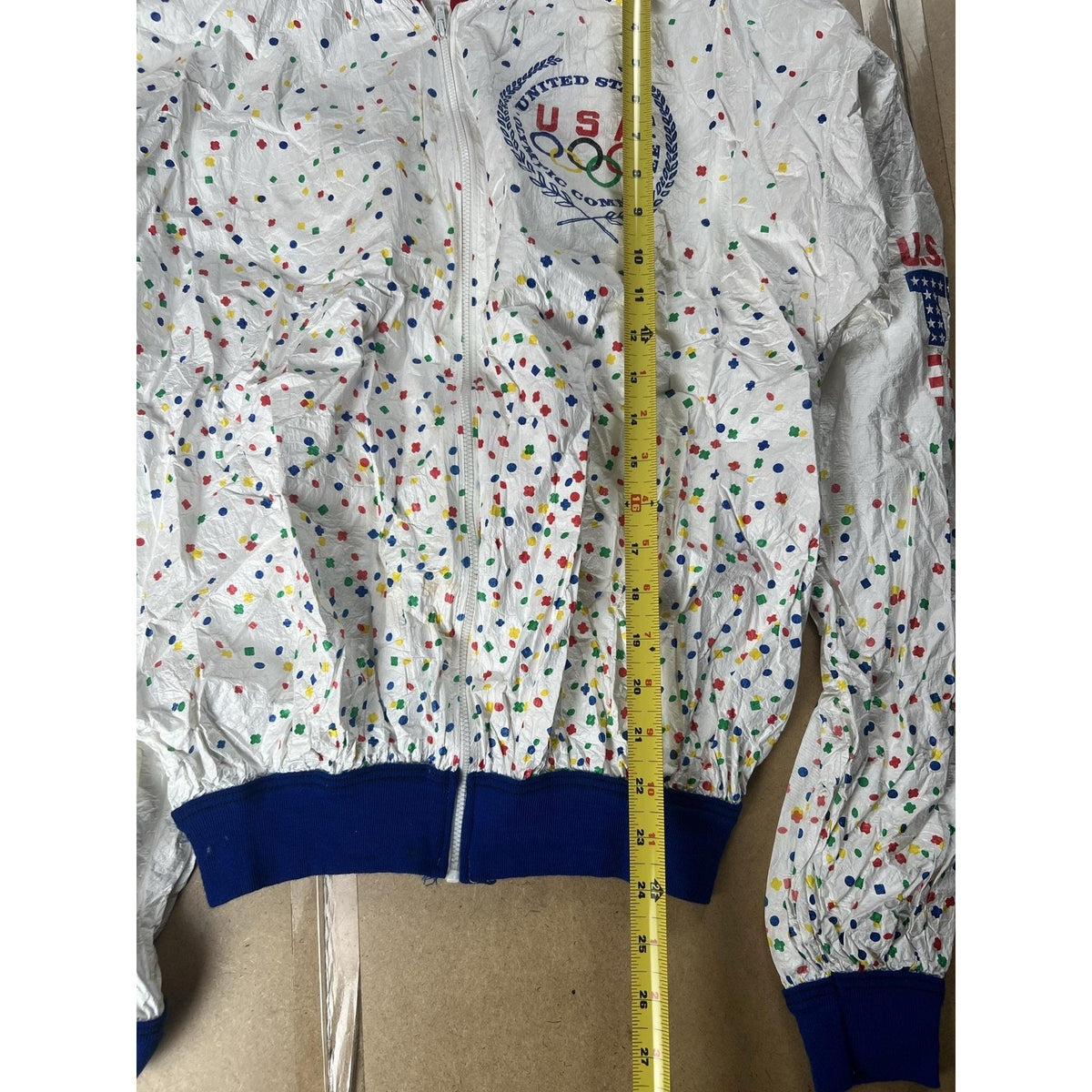 ALFA INTL CORP Jacket Mens XL White Windbreaker USA Polka Dot Olympic Logo