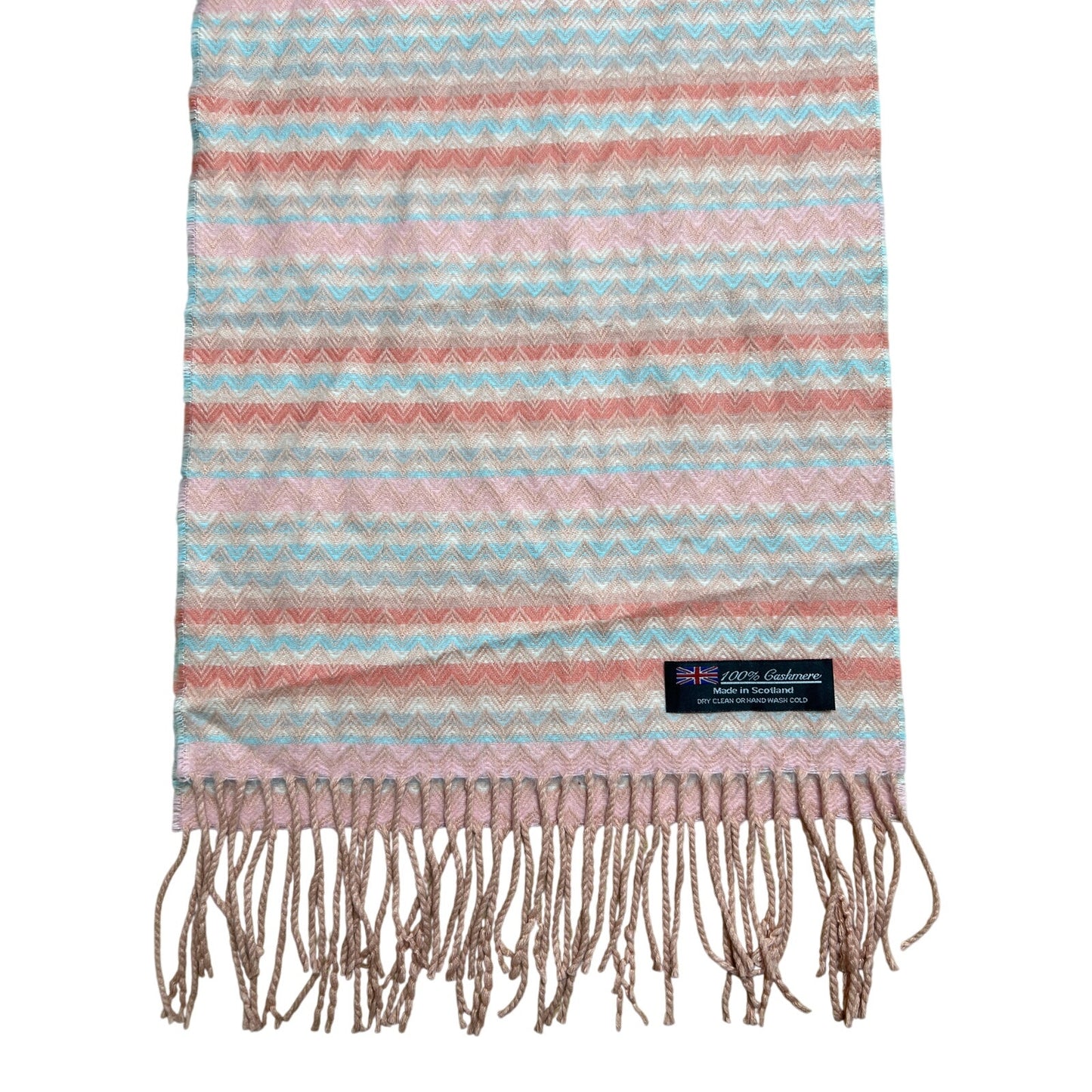 100% Cashmere Scarf Chevron Design Peach Pink Blue Made in England