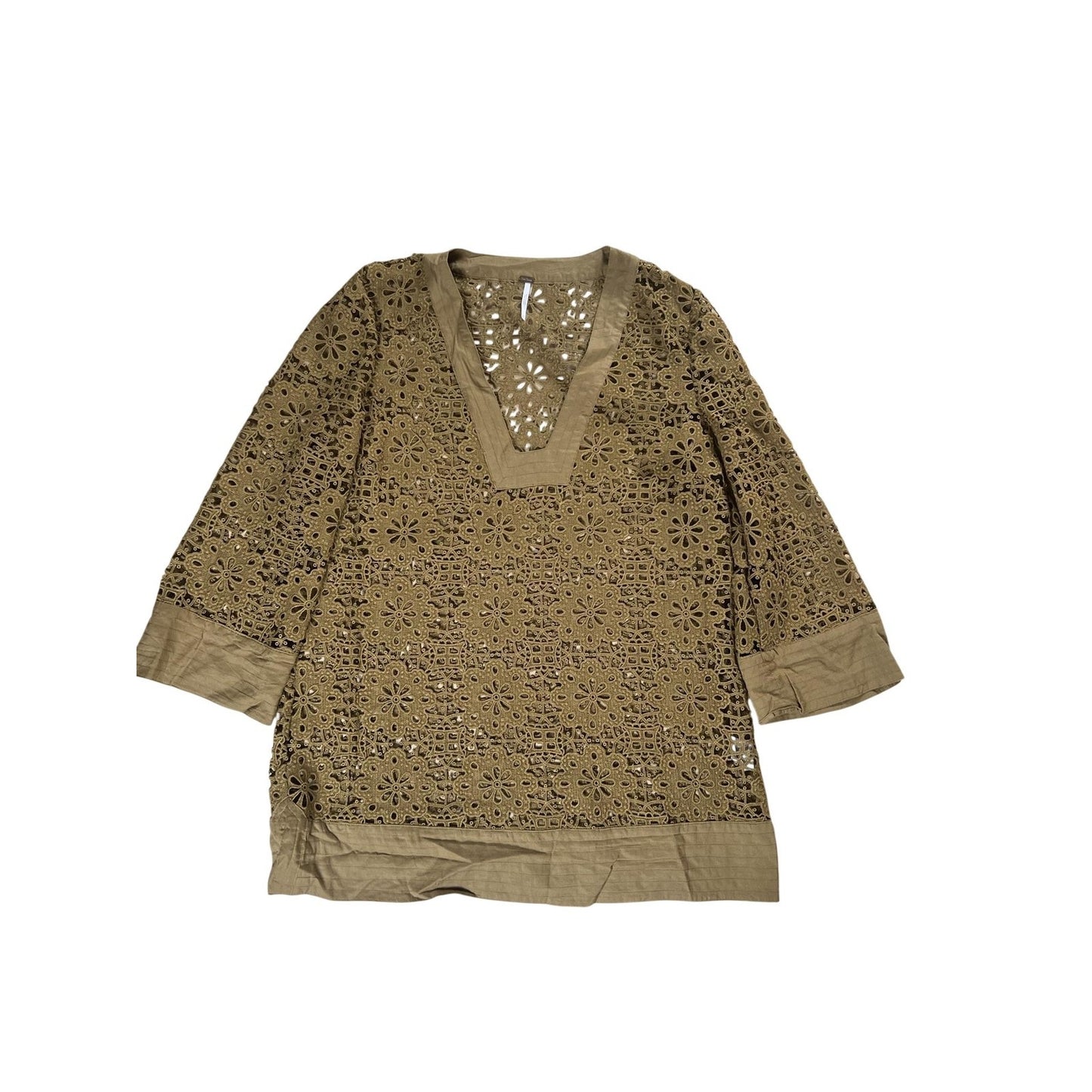 Free People Tunic Womens M Green Crochet V-Neck 3/4 Sleeve Lightweight Casual