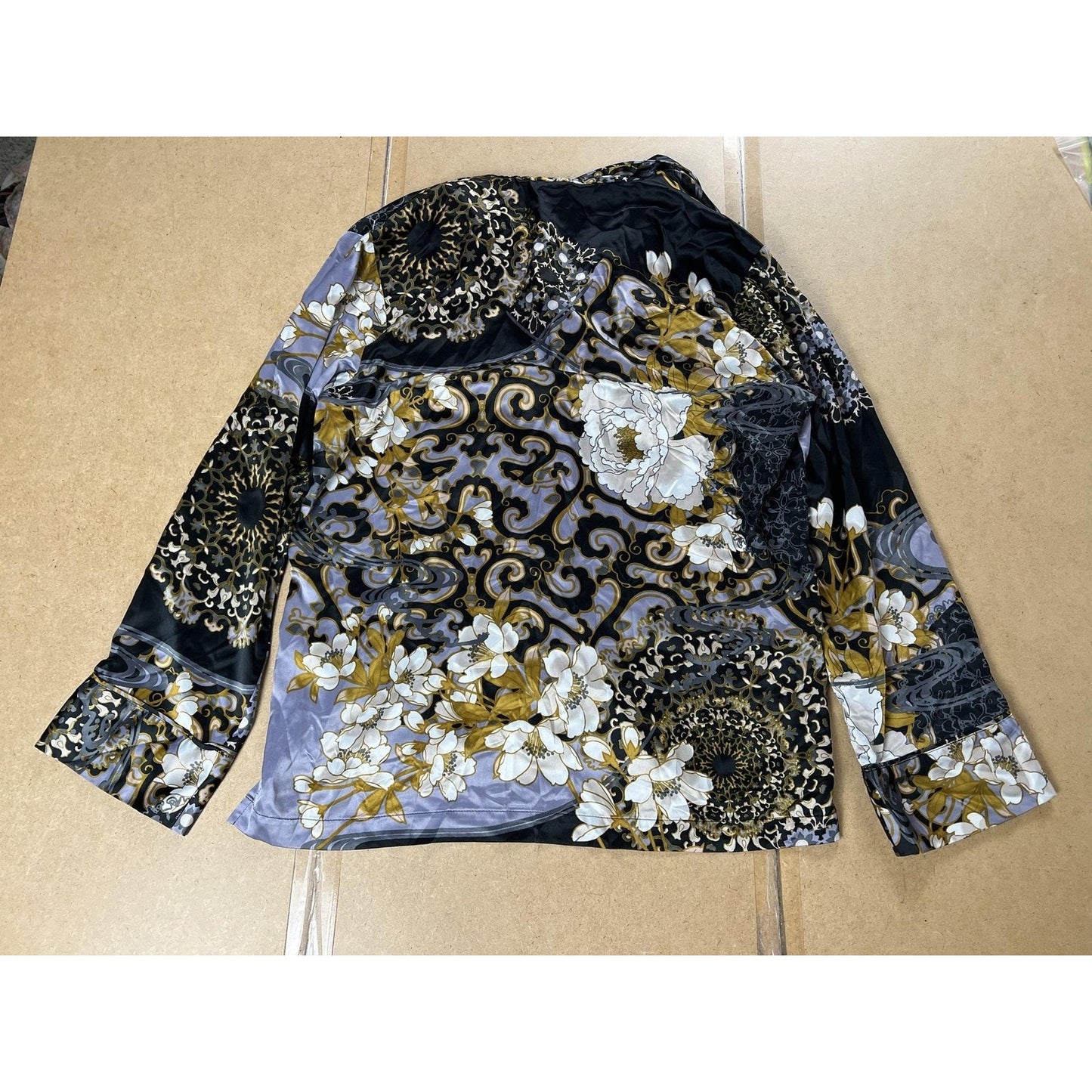 Natori Blouse Womens L Black Floral Cowl Neck Long Sleeve Satin Stretch Top