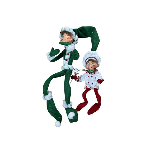 Christmas Elf Ornament Set Of 2 Green White Red Dangle Glitter Holiday