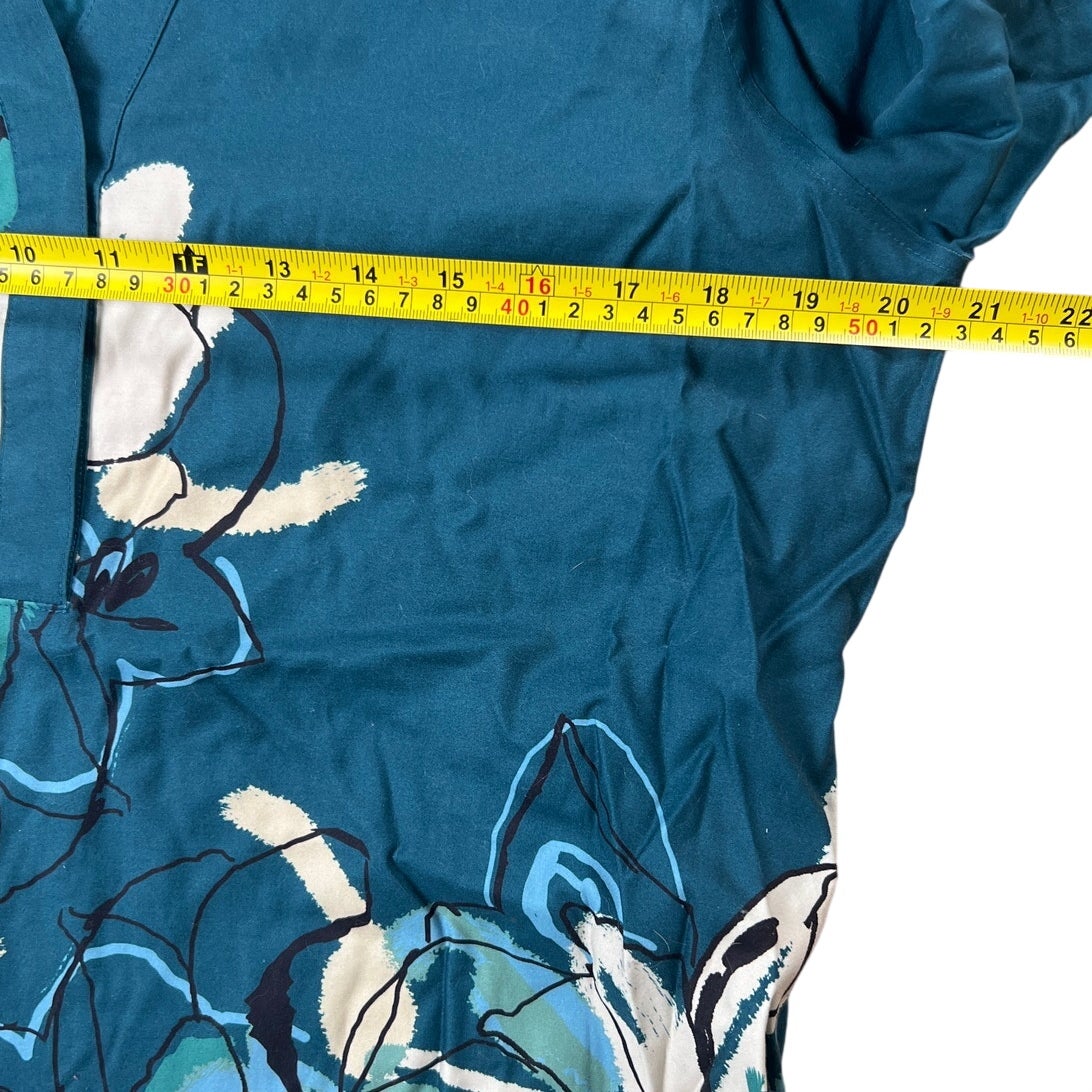 Chicos Size 10 No Iron Stretch Tunic Teal Green Floral Mandarin Long Sleeve