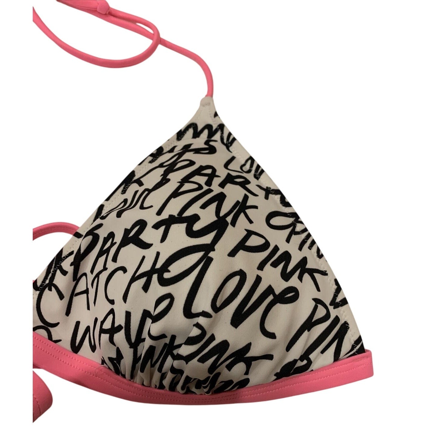 Victoria's Victoria Secret Bikini PINK Top Black & White letters pink Sz L - EUC
