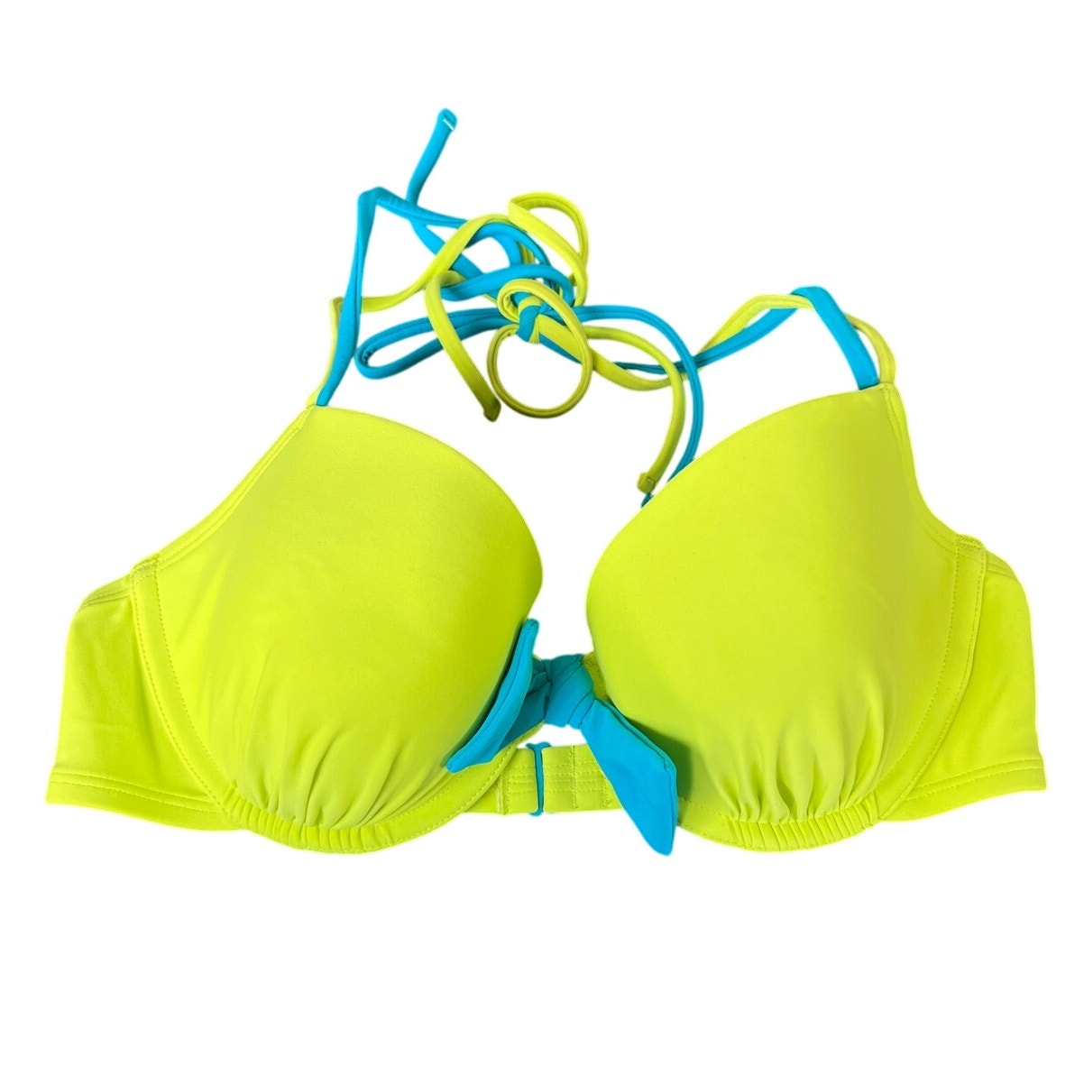 Aerie 34D Neon Yellow Swimwear Bikini Top Blue Bowtie Adjustable Halter Top